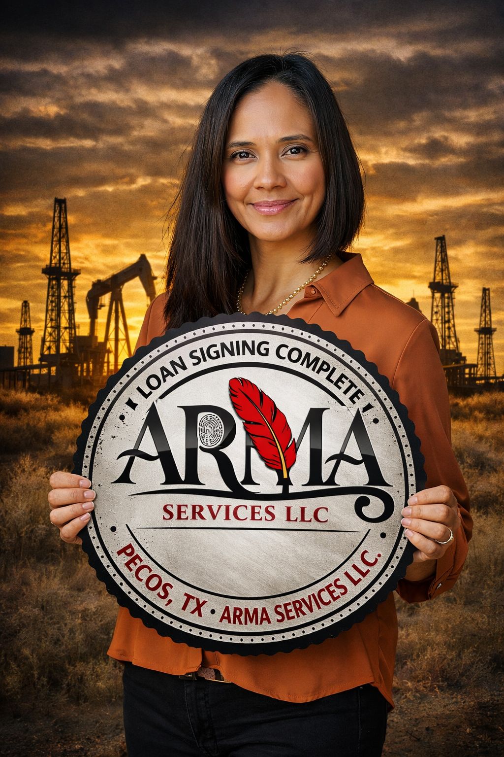 Julia Guerra, owner of ARMA Services LLC, holding ARMA Services sign